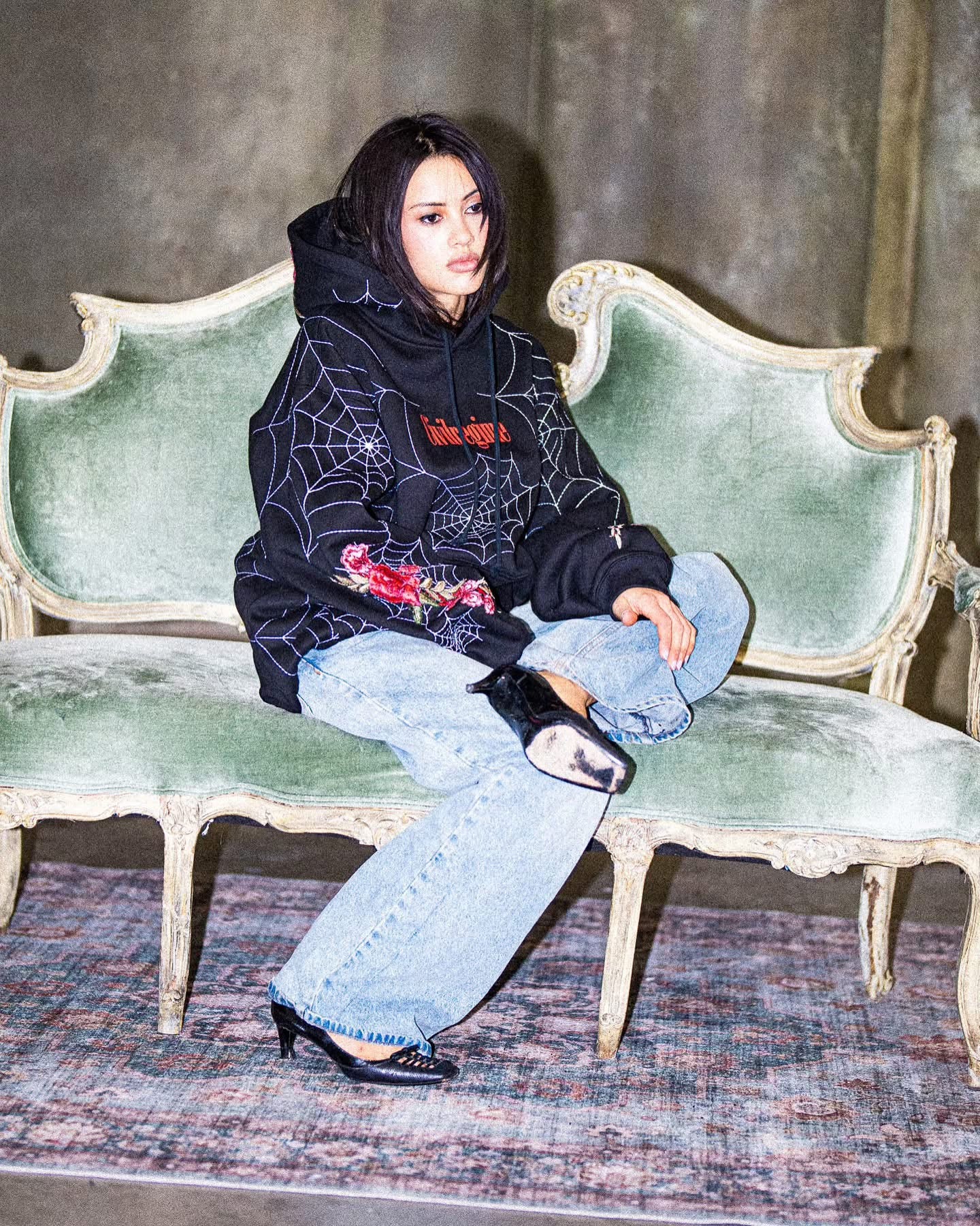 SPIDER WEBS (RED) HOODIE IN BLACK