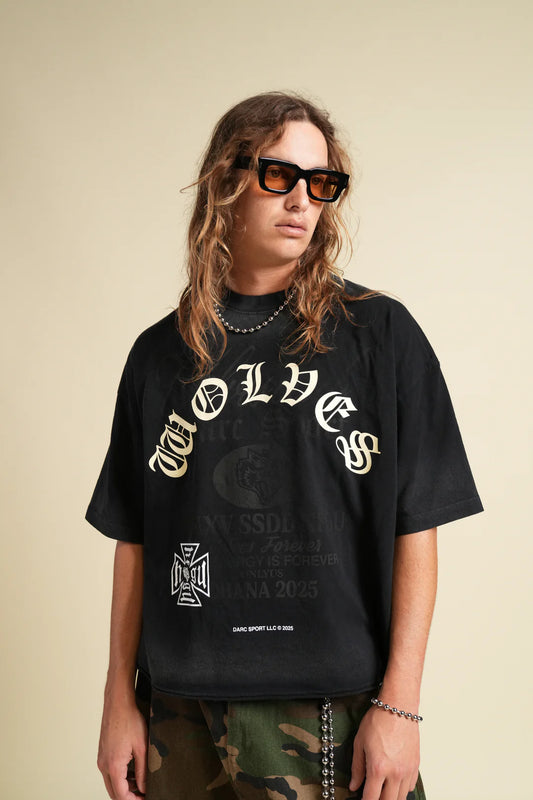 OHANA WOLVES CLUB GRUNGE RAW HEM MID LENGTH TEE IN BLACK DRIFT WASH