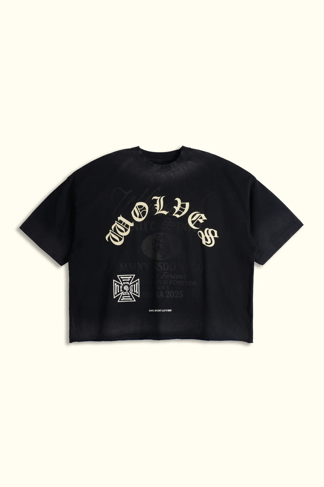 OHANA WOLVES CLUB GRUNGE RAW HEM MID LENGTH TEE IN BLACK DRIFT WASH