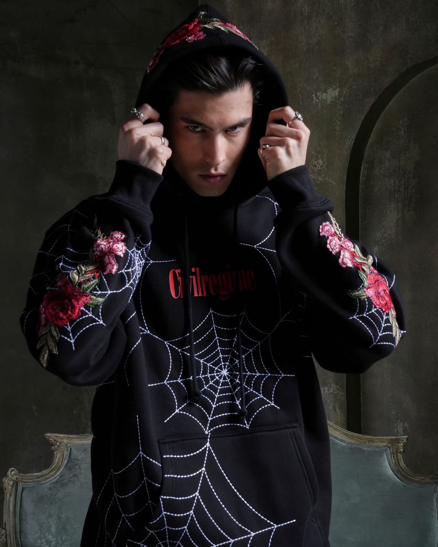 SPIDER WEBS (RED) HOODIE IN BLACK