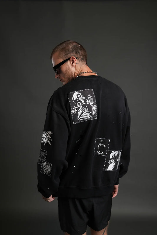 STITCHED IN LONDON UNISEX CREWNECK IN BLACK VANDAL WASH