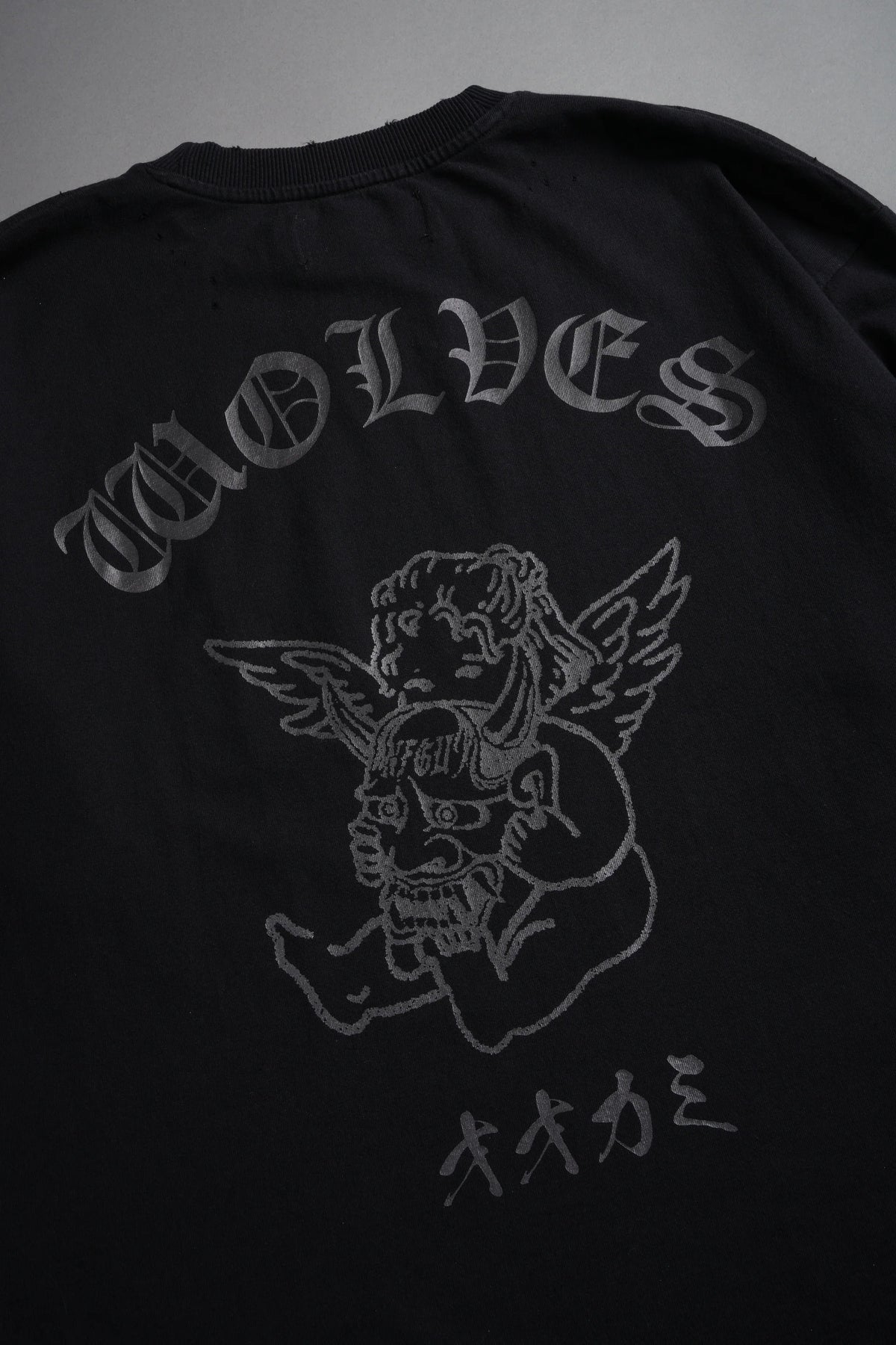 Wolves Oni Cherub Distressed Grunge Unisex Tee in Black