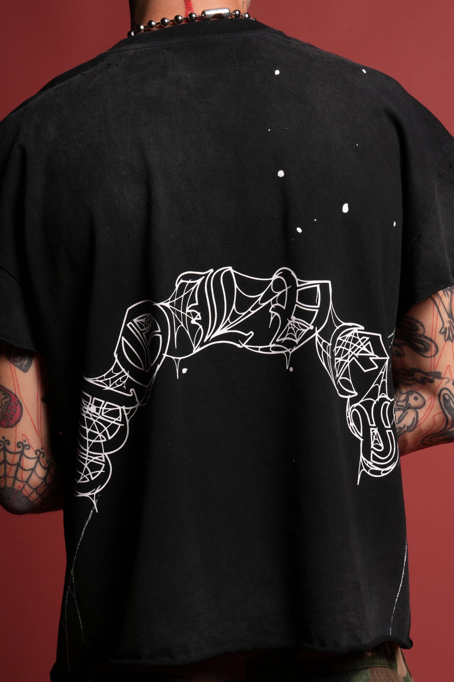 Web Chopper Distressed Grunge Mid Length Raw Hem Cap Sleeve Tee in Black Drift Wash