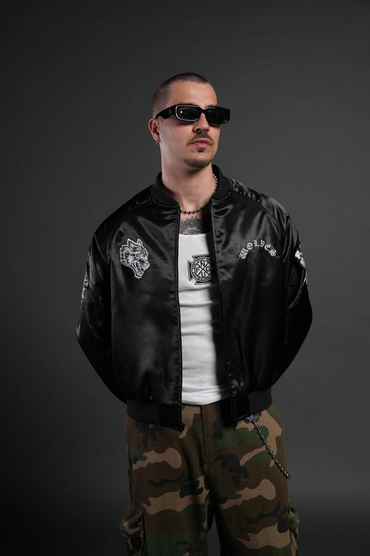 Last Love Unisex Cropped Satin Bomber Jacket in Black