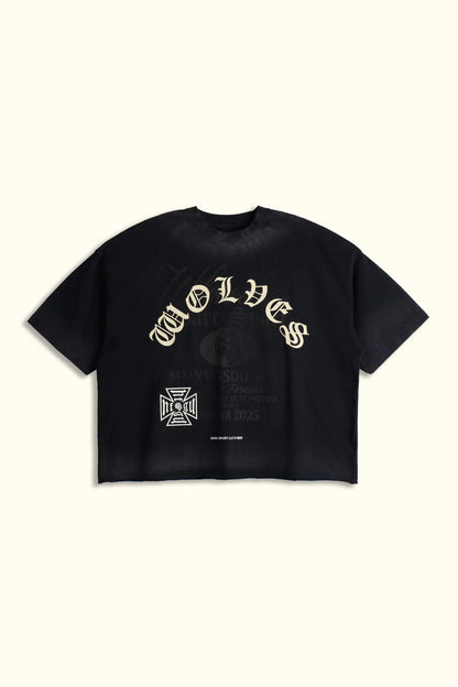 OHANA WOLVES CLUB GRUNGE RAW HEM MID LENGTH TEE IN BLACK DRIFT WASH