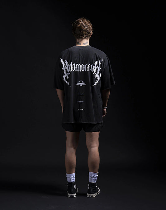 NO TOMORROW SPINAL CORE RAW HEM DUNGEON TEE IN VINTAGE BLACK