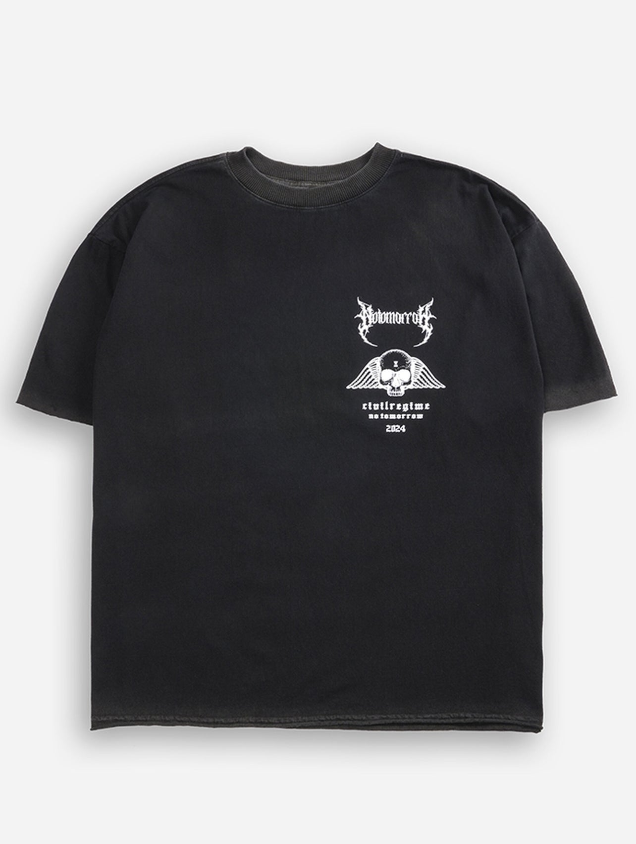 NO TOMORROW SPINAL CORE RAW HEM DUNGEON TEE IN VINTAGE BLACK