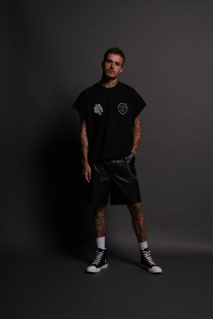 WARRIOR'S FIRE GRUNGE CUT-OFF TEE IN BLACK