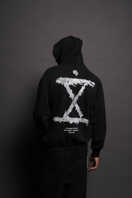 10 YEARS OF NFGU "PIERCE" HOODIE IN BLACK DRIFT WASH