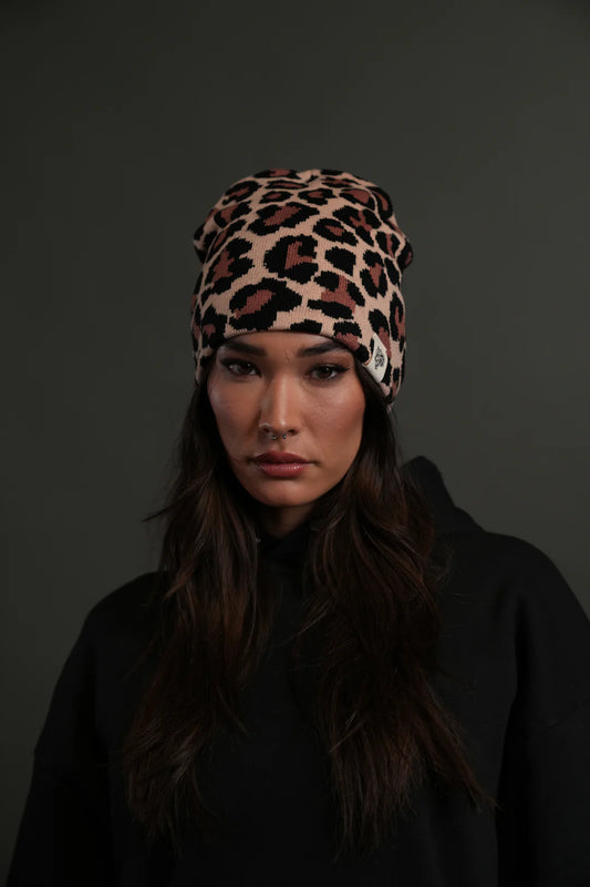 WOLF PATCH V2 CAP BEANIE IN CLAY LEOPARD