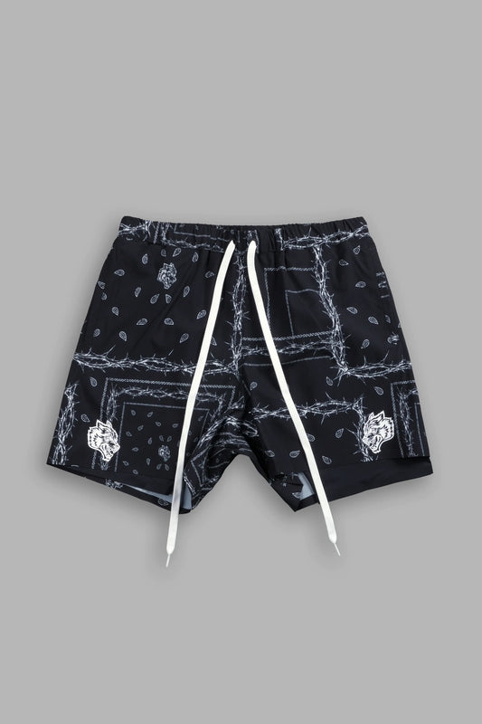 Dual Compression Shorts in Black/White Thorn Paisley