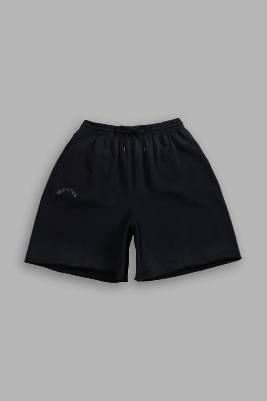 DARC WANDERING GRUNGE BROCK SWEAT SHORTS IN BLACK DRIFT WASH