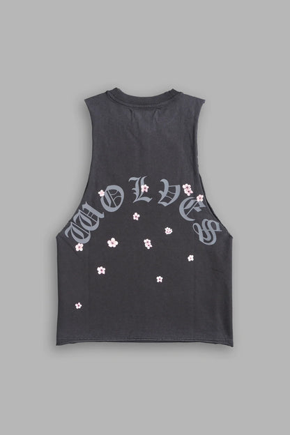 BLOOD THIRSTY KANJI GRUNGE RAW CROPPED "TOMMY" MUSCLE TEE IN WOLF GRAY