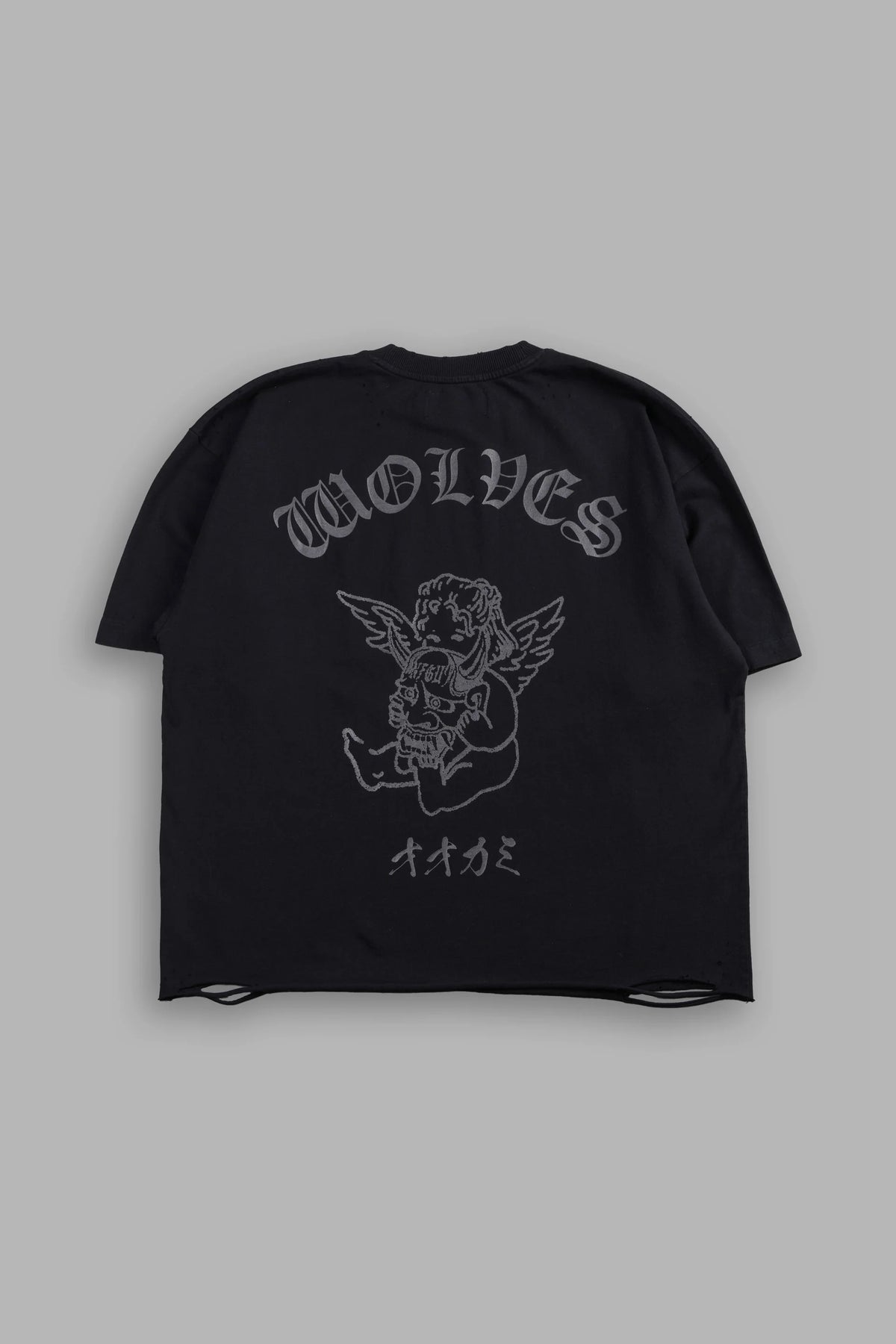 Wolves Oni Cherub Distressed Grunge Unisex Tee in Black