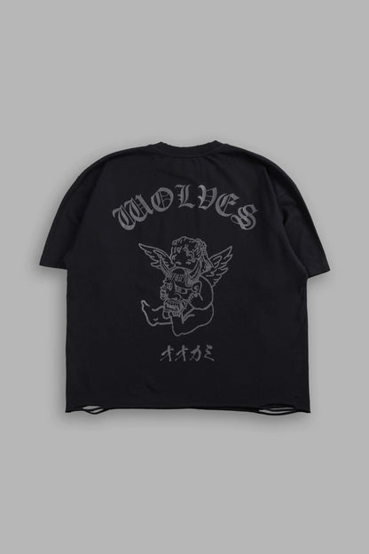 Wolves Oni Cherub Distressed Grunge Unisex Tee in Black