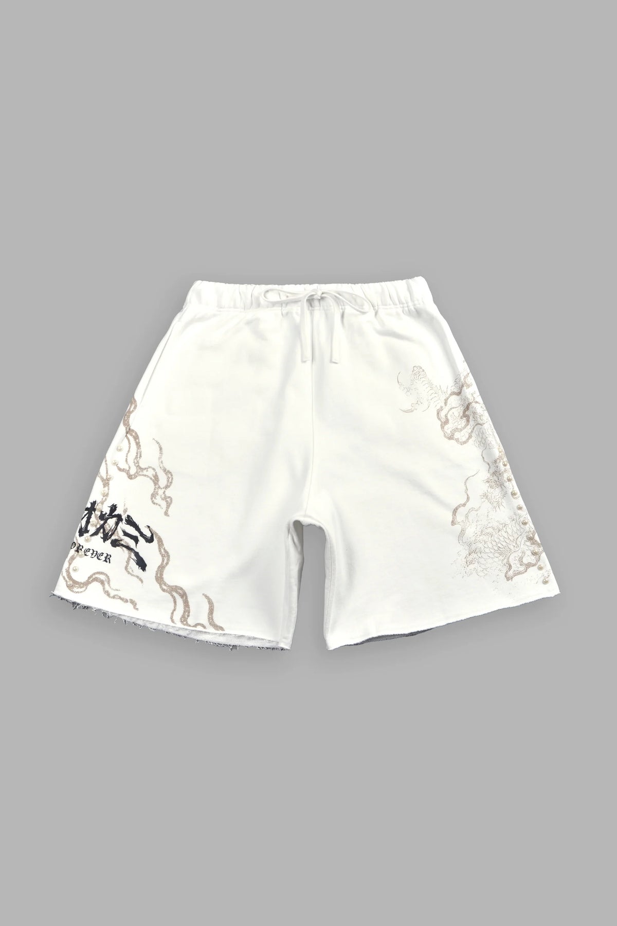 Kokuryu Grunge Oversized Raw Hem Post Lounge Sweat Shorts in Cream