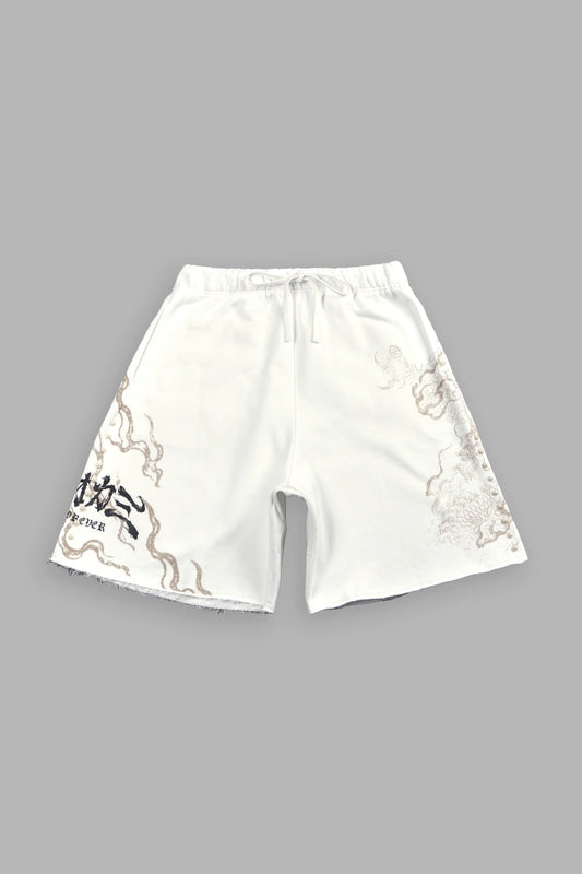 Kokuryu Grunge Oversized Raw Hem Post Lounge Sweat Shorts in Cream