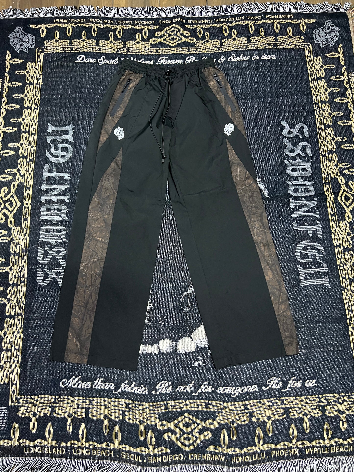 DUAL BROLIC UNISEX TRACK PANTS IN BLACK DRIFTWOOD FOREST CAMO