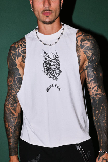 Okami Inferno Grunge Raw Hem Box Cut Tommy Muscle Tee in Cream