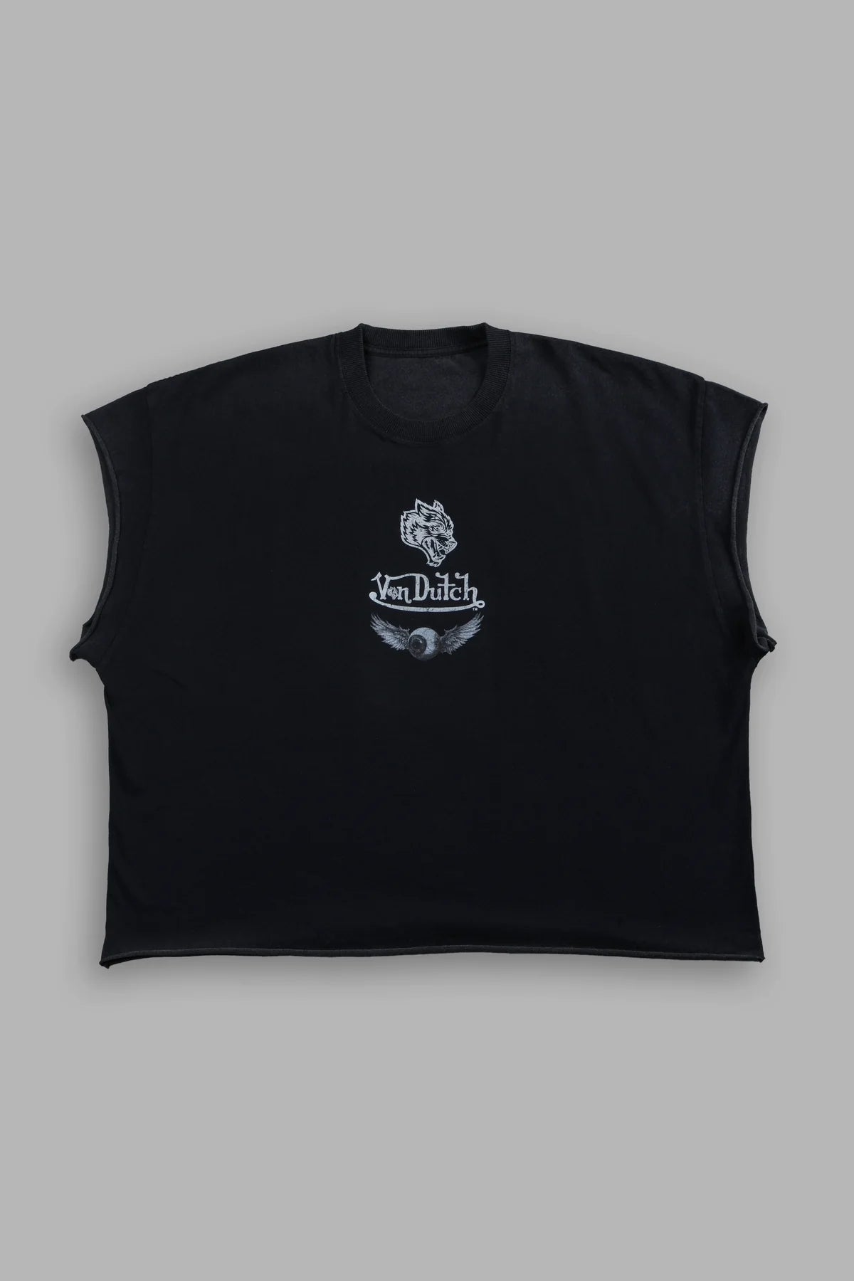 Take-Off Grunge Cut-Off Mid-Length Raw Hem Tee in Black