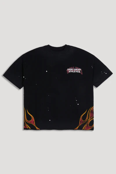 Hot Rod Distressed Grunge Mid Length Raw Hem Tee in Black Drift Wash