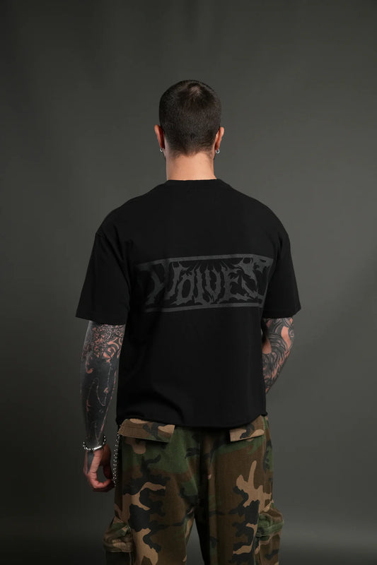 PUNISHER GRUNGE MID LENGTH RAW HEM TEE IN BLACK