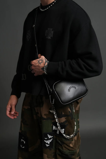 WOLVES CHOPPER BLADE LEATHER SIDE BAG IN BLACK