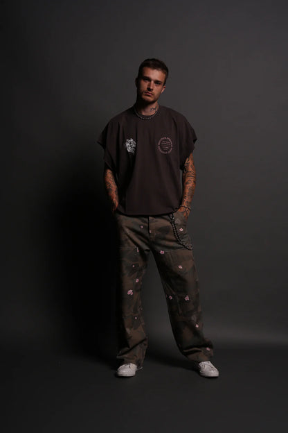 WARRIOR'S FIRE GRUNGE CUT-OFF TEE IN DARC BROWN