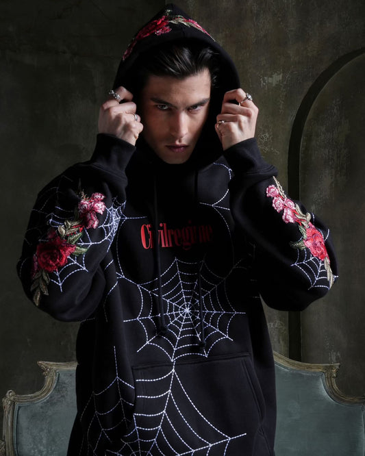 SPIDER WEBS (RED) HOODIE IN BLACK