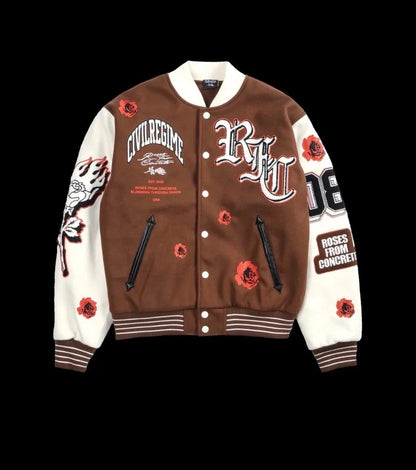 ROSE GARDEN LETTERMAN JACKET IN BUTTER REAPER BROWN