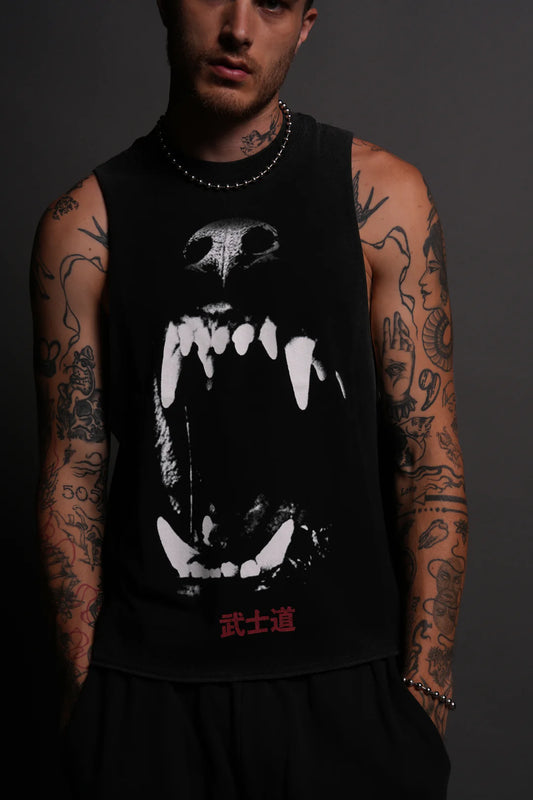 BLOOD THIRSTY KANJI GRUNGE RAW CROPPED "TOMMY" MUSCLE TEE IN BLACK