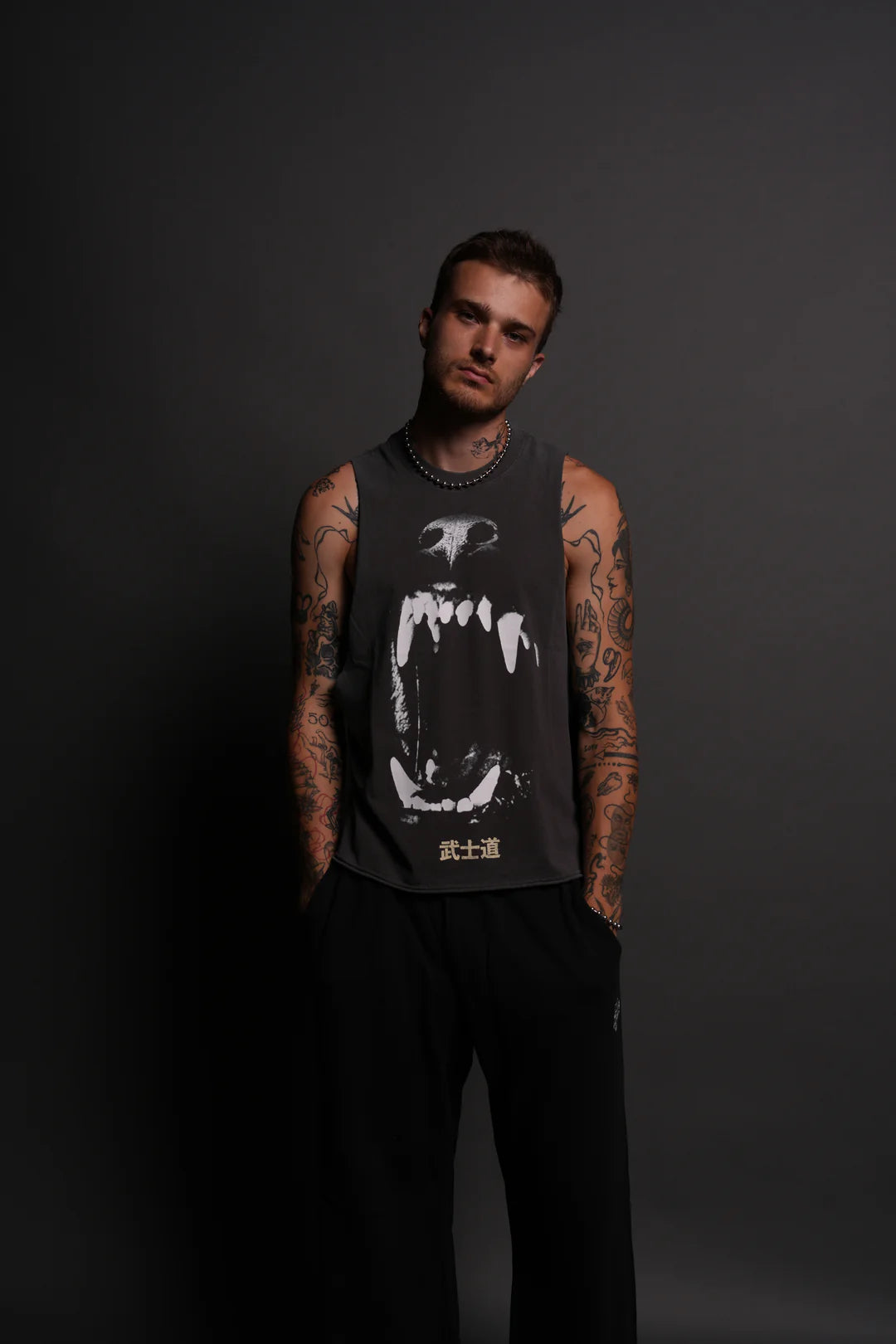 BLOOD THIRSTY KANJI GRUNGE RAW CROPPED "TOMMY" MUSCLE TEE IN WOLF GRAY