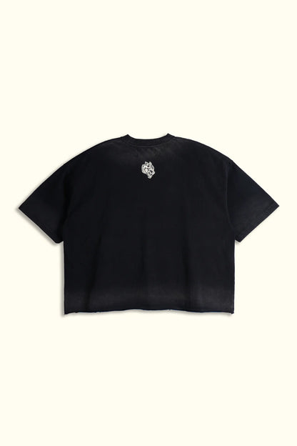 OHANA WOLVES CLUB GRUNGE RAW HEM MID LENGTH TEE IN BLACK DRIFT WASH