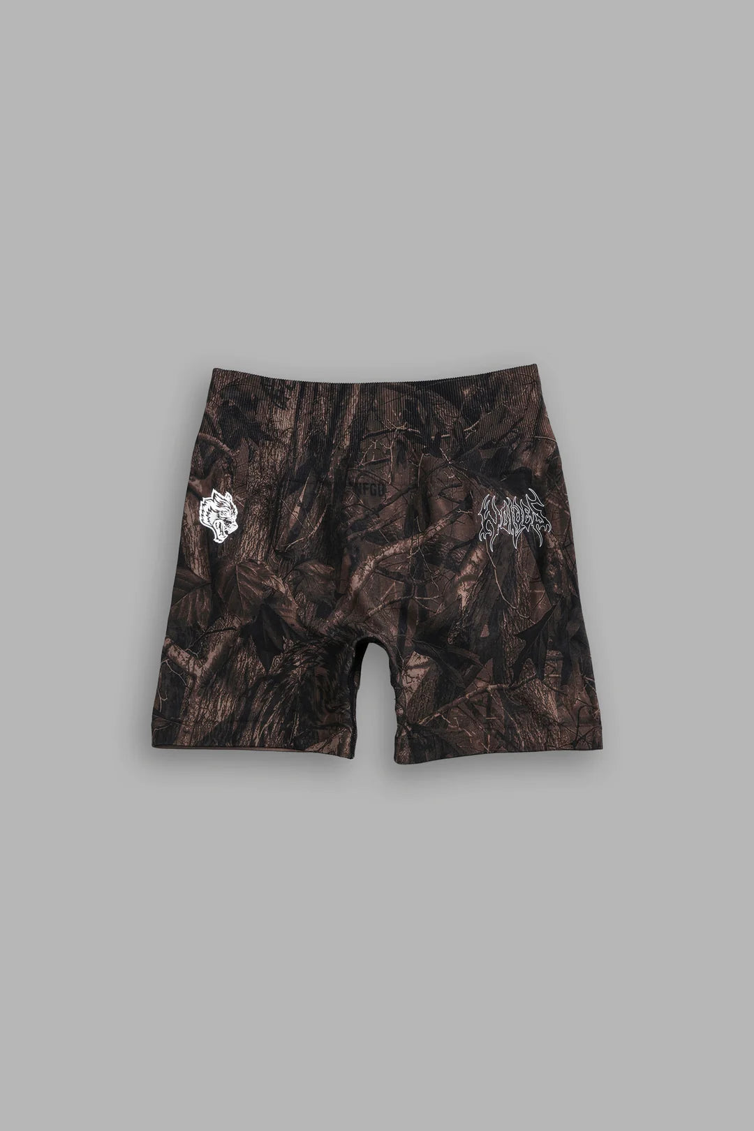 HESH FOREVER EVERSON SEAMLESS “TRAINING” SHORTS IN BROWN DRIFTWOOD FOREST CAMO