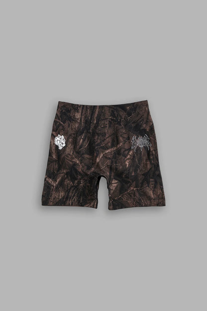 HESH FOREVER EVERSON SEAMLESS “TRAINING” SHORTS IN BROWN DRIFTWOOD FOREST CAMO