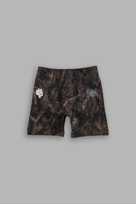 HESH FOREVER EVERSON SEAMLESS “TRAINING” SHORTS IN BROWN DRIFTWOOD FOREST CAMO