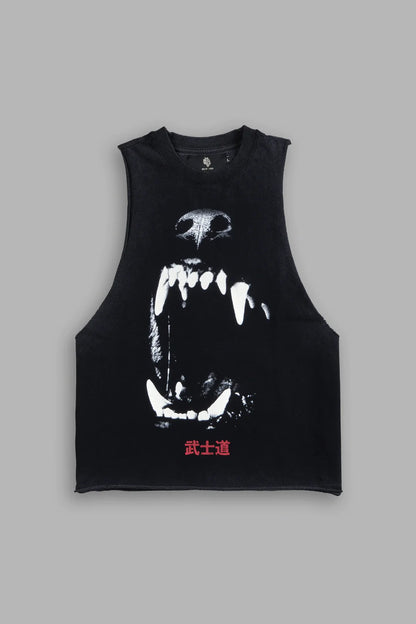 BLOOD THIRSTY KANJI GRUNGE RAW CROPPED "TOMMY" MUSCLE TEE IN BLACK