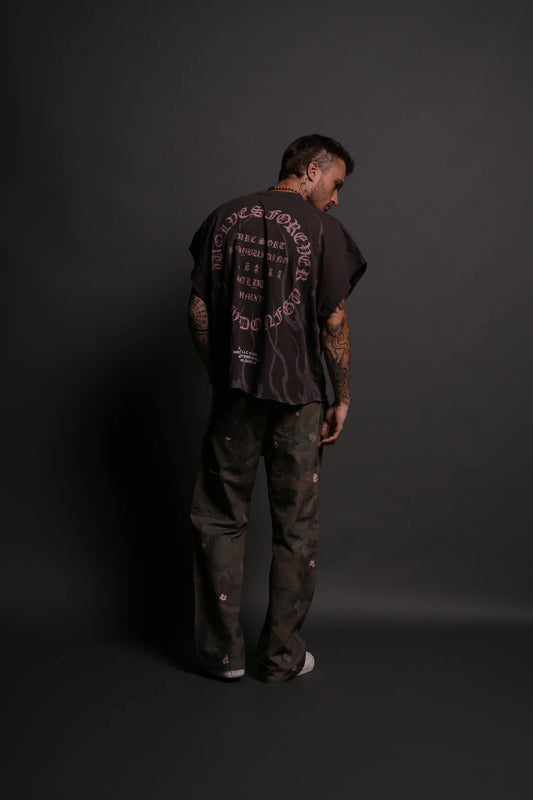 WARRIOR'S FIRE GRUNGE CUT-OFF TEE IN DARC BROWN