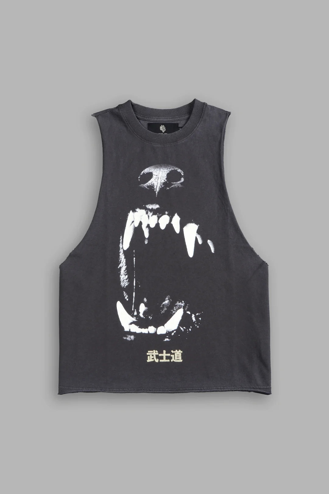 BLOOD THIRSTY KANJI GRUNGE RAW CROPPED "TOMMY" MUSCLE TEE IN WOLF GRAY