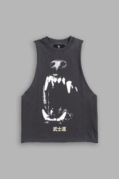 BLOOD THIRSTY KANJI GRUNGE RAW CROPPED "TOMMY" MUSCLE TEE IN WOLF GRAY