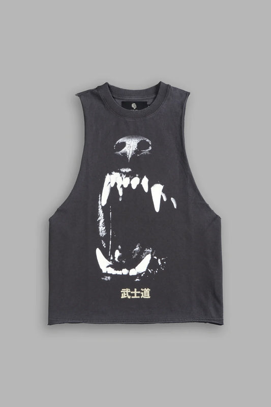 BLOOD THIRSTY KANJI GRUNGE RAW CROPPED "TOMMY" MUSCLE TEE IN WOLF GRAY