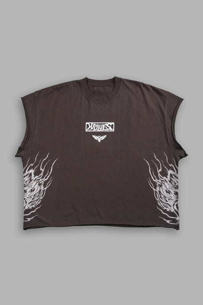 Death's-Head Grunge Cut-Off Mid Length Raw Hem Tee in Darc Brown Drift Wash