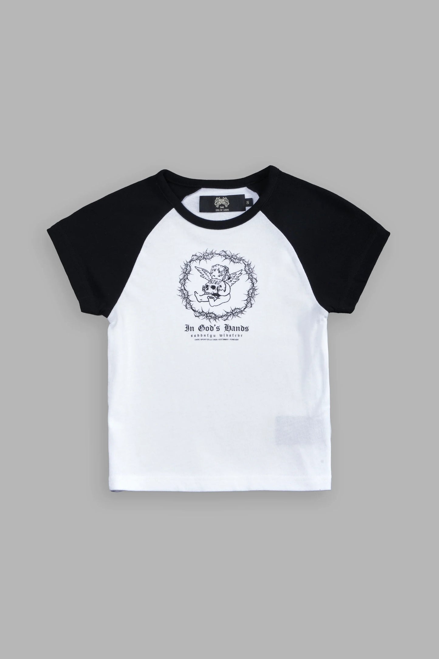 CHERUB'S OATH LINA RAGLAN "BABY" TEE IN WHITE/BLACK