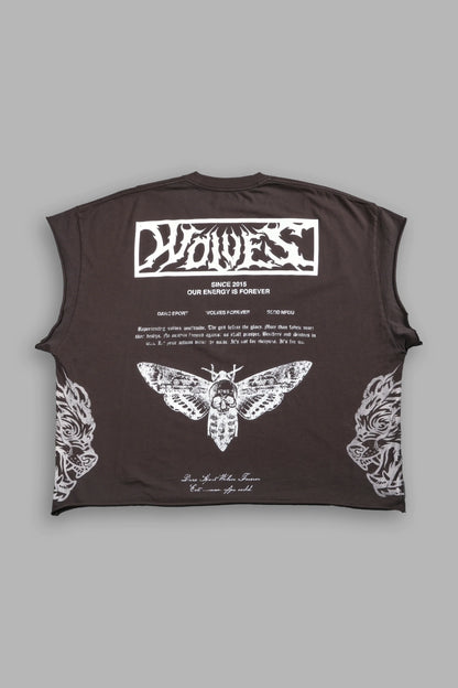 Death's-Head Grunge Cut-Off Mid Length Raw Hem Tee in Darc Brown Drift Wash