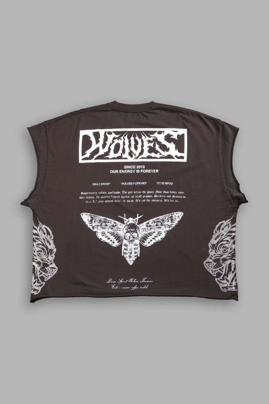 Death's-Head Grunge Cut-Off Mid Length Raw Hem Tee in Darc Brown Drift Wash