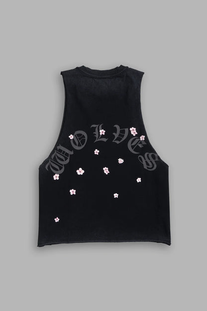 BLOOD THIRSTY KANJI GRUNGE RAW CROPPED "TOMMY" MUSCLE TEE IN BLACK