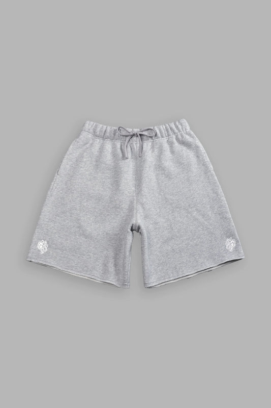 DUAL CORE RAW HEM OVERSIZED POST LOUNGE SWEAT SHORTS IN LIGHT ATHLETIC GRAY