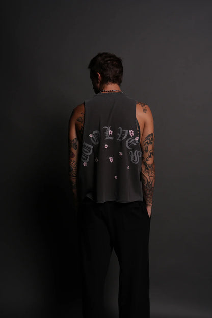 BLOOD THIRSTY KANJI GRUNGE RAW CROPPED "TOMMY" MUSCLE TEE IN WOLF GRAY