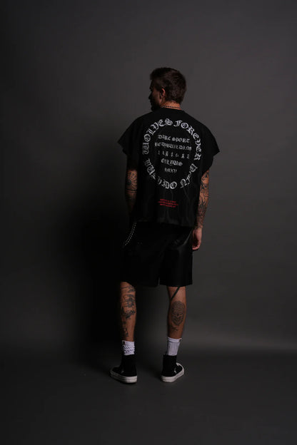 WARRIOR'S FIRE GRUNGE CUT-OFF TEE IN BLACK