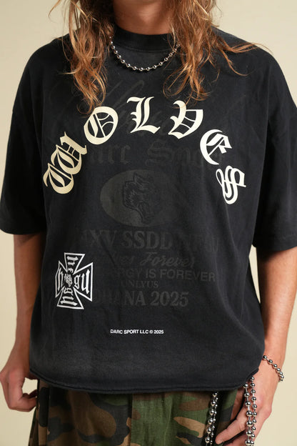 OHANA WOLVES CLUB GRUNGE RAW HEM MID LENGTH TEE IN BLACK DRIFT WASH